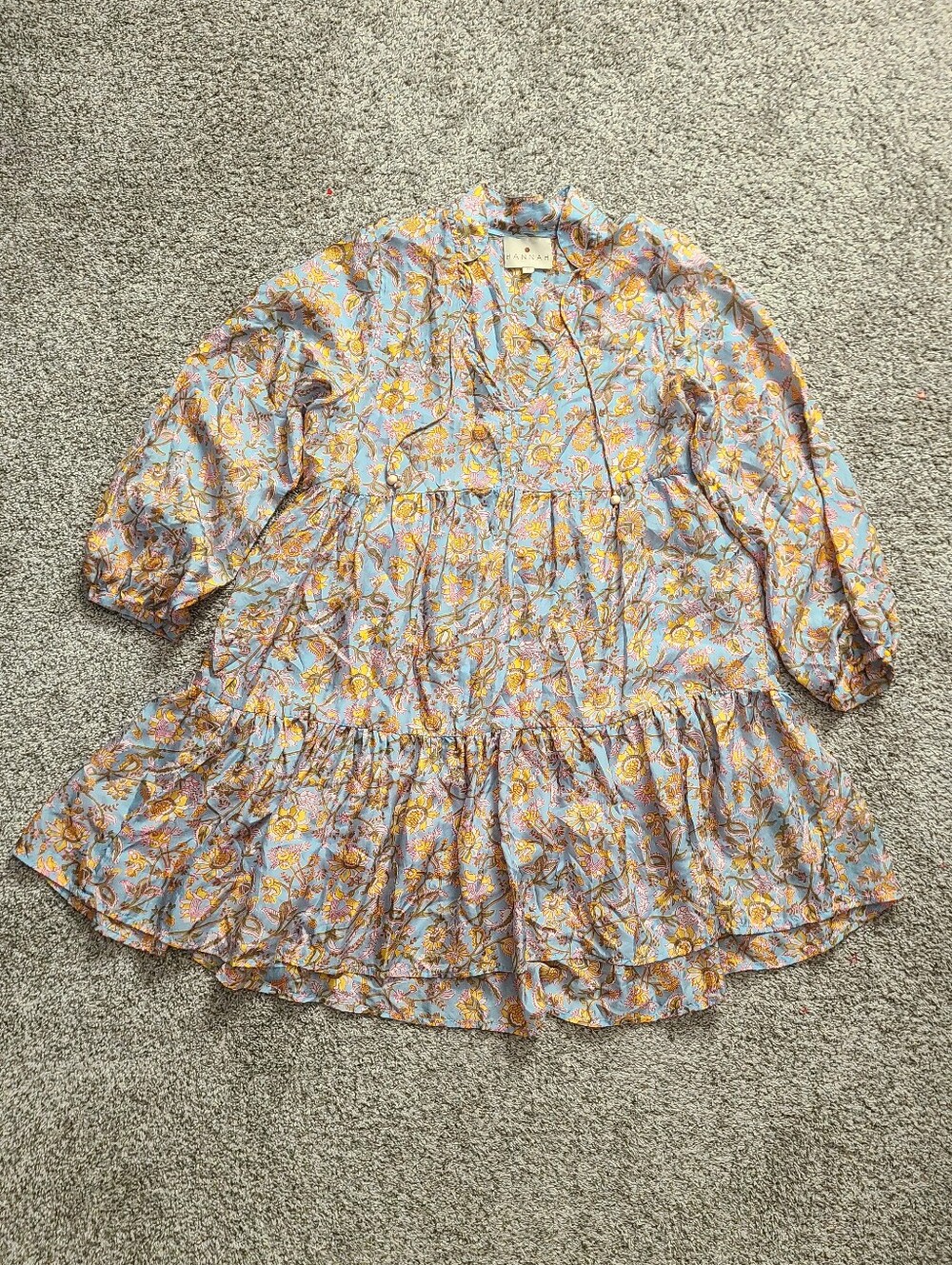 Hannah Artwear Blue Yellow Floral Parsons Silk Boho Teired Mini Dress Size 0